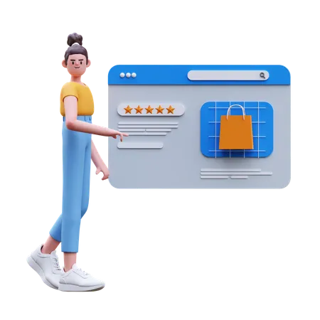 Revisão de compras on-line de garota  3D Illustration