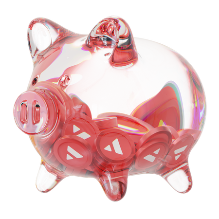 Avax-Sparschwein aus klarem Glas mit abnehmendem Stapel an Kryptomünzen  3D Icon