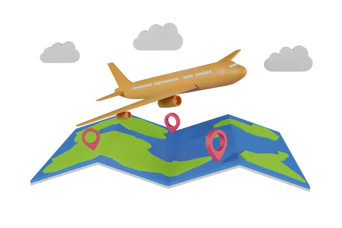 Avión viajando a una ubicación global  3D Illustration