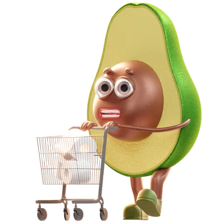 Avocado Holding Shopping Cart  3D Illustration