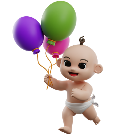 Baby Holding Balloons  3D Illustration