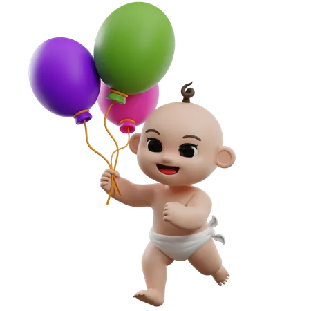 Baby Holding Balloons  3D Illustration