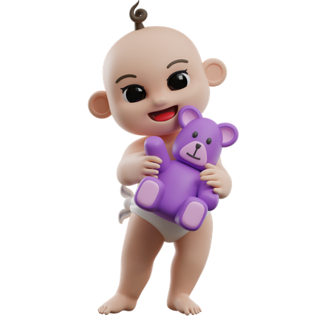 Baby Holding Purple Teddy Bear  3D Illustration