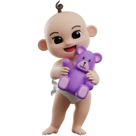 Baby Holding Purple Teddy Bear  3D Illustration