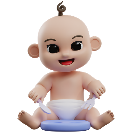 Baby mit Gabel und Löffel  3D Illustration