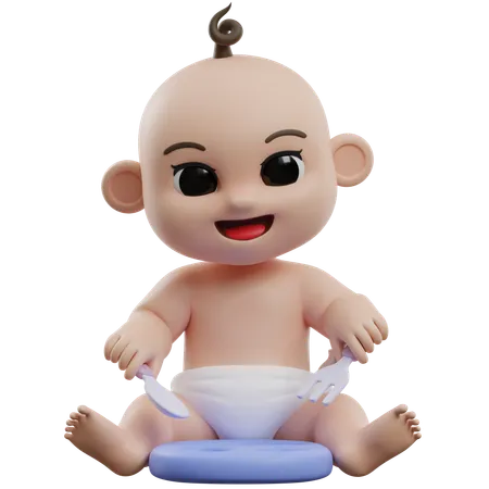 Baby mit Gabel und Löffel  3D Illustration