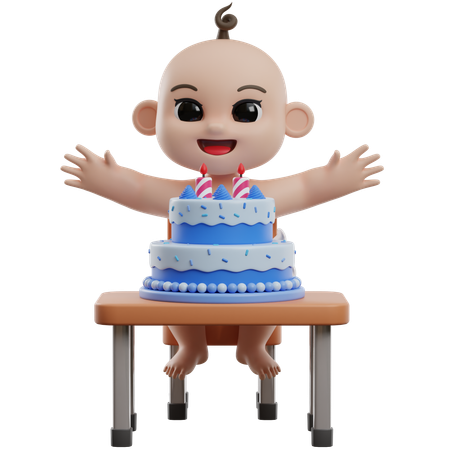 Baby mit Geburtstagstorte  3D Illustration