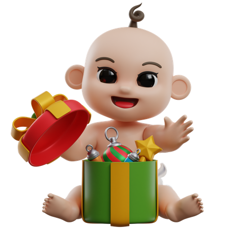 Baby mit Geschenkbox und Ornamenten  3D Illustration