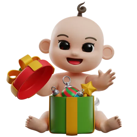 Baby mit Geschenkbox und Ornamenten  3D Illustration