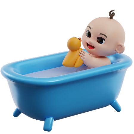 Baby Playing With Rubber Duck In Bathtub  3D Illustration