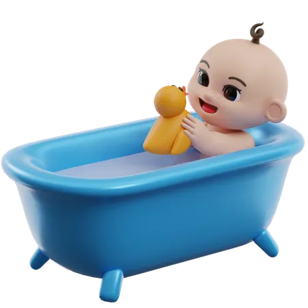 Baby Playing With Rubber Duck In Bathtub  3D Illustration