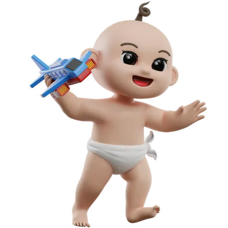 Baby Playing With Toy Airplane  3D Illustration