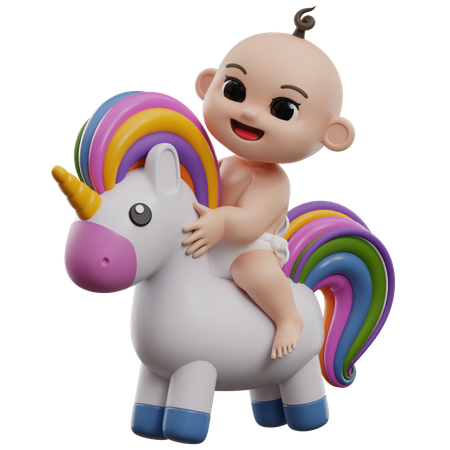 Baby reitet buntes Einhornspielzeug  3D Illustration