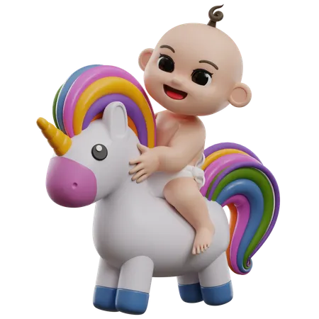 Baby Riding Colorful Unicorn Toy  3D Illustration