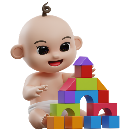 Baby spielt mit bunten Bausteinen  3D Illustration