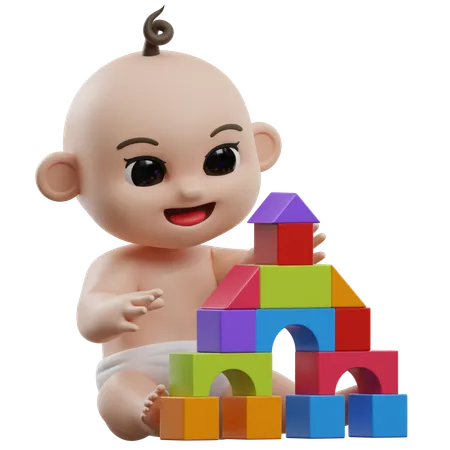 Baby spielt mit bunten Bausteinen  3D Illustration