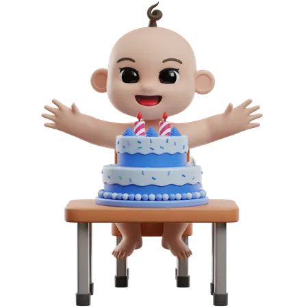 Baby With Birthday Cake  3D Illustration