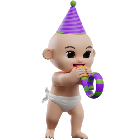 Baby With Party Hat And Whistle  3D Illustration