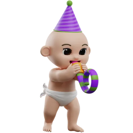 Baby With Party Hat And Whistle  3D Illustration