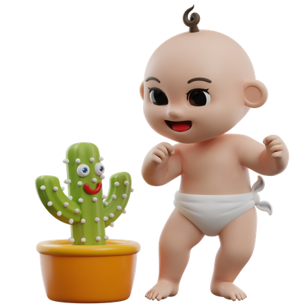 Baby With Talking Cactus Toy  3D Illustration