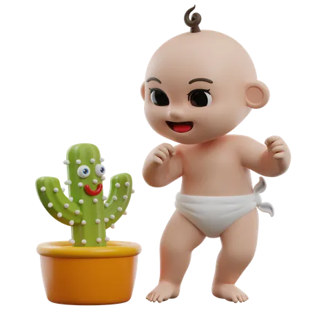 Baby With Talking Cactus Toy  3D Illustration