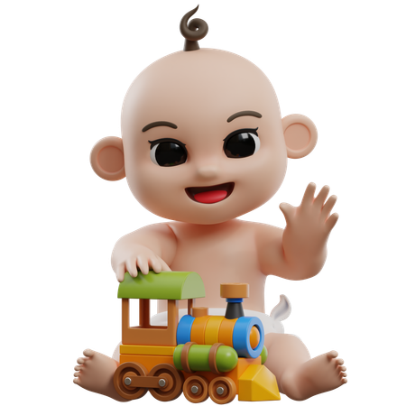 Baby With Toy Train  3D Illustration