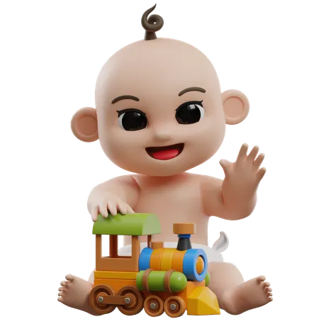 Baby With Toy Train  3D Illustration