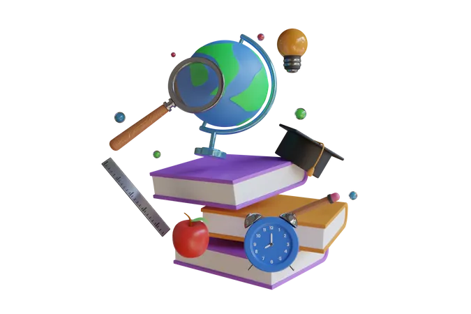 3 D Books With Alarm Clock Back To School Concept School Time Concept 3 D Illustration 3D Illustration
