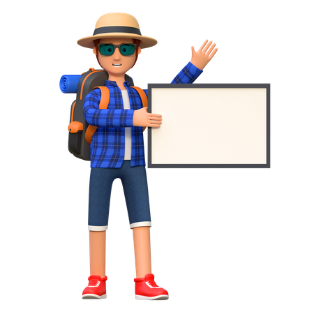 Backpacker holding blank board  3D Illustration