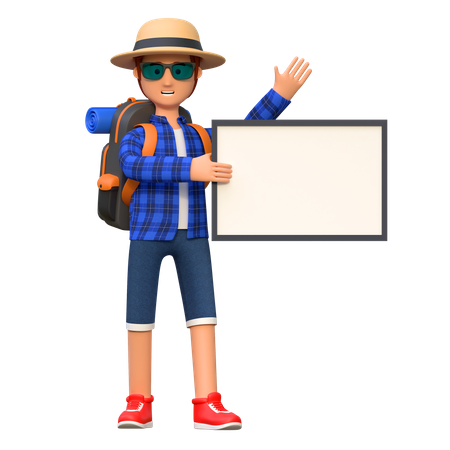 Backpacker holding blank board  3D Illustration