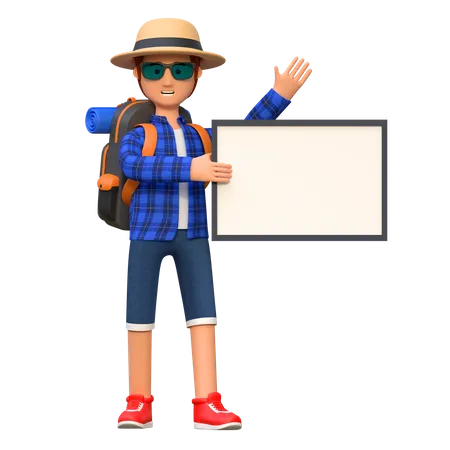 Backpacker Holding White Blank Board While Waving Hand 3 D Cartoon Character Illustration 3D Illustration