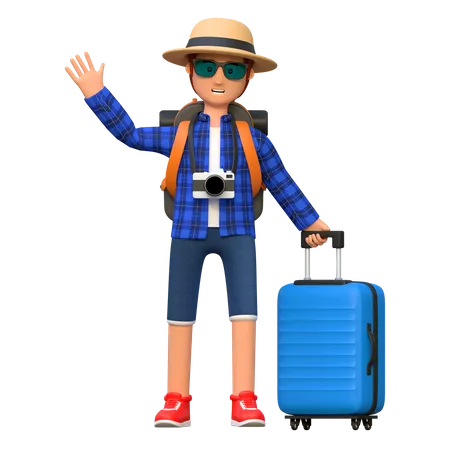Backpacker Holding Luggage While Waving Hand 3 D Cartoon Character Illustration 3D Illustration