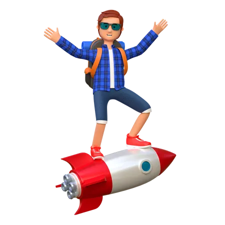 Backpacker Riding Rocket While Standing And Waving Hand 3 D Cartoon Character Illustration 3D Illustration