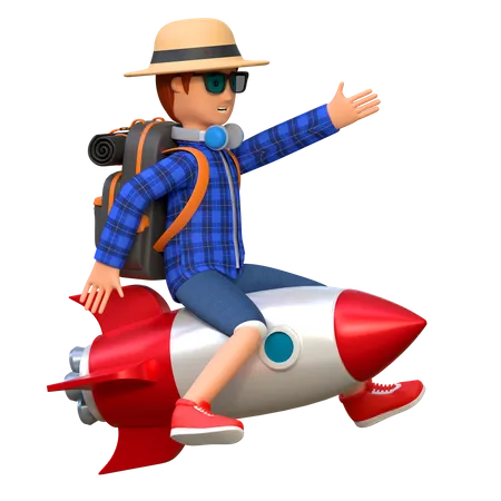 Backpacker Riding Rocket Earth And Waving Hand 3 D Cartoon Character Illustration 3D Illustration