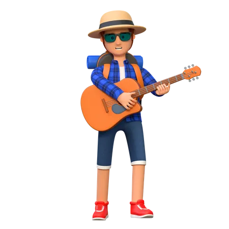 Backpacker playing guitar  3D Illustration