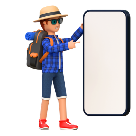 Backpacker pointing smartphone screen  3D Illustration