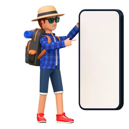 Backpacker Holding Blank White Smartphone Screen While Standing 3 D Cartoon Character Illustration 3D Illustration