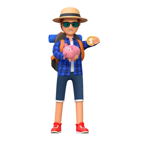 Backpacker Holding Saving Piggy Bank With Coin 3 D Cartoon Character Illustration 3D Illustration
