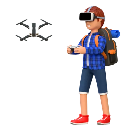 Backpacker Playing Drone With Virtual Reality Headset 3 D Cartoon Character Illustration 3D Illustration