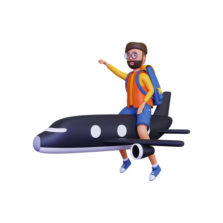 Backpacker travelling in plane  3D Illustration