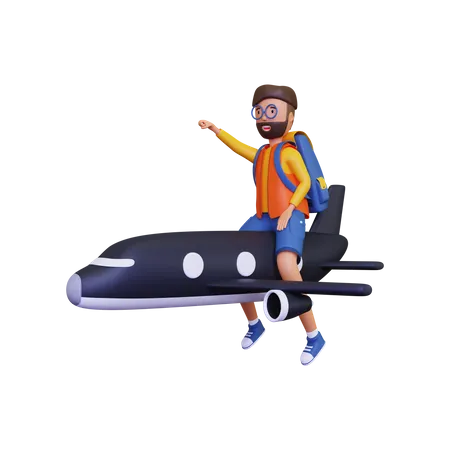 Backpacker travelling in plane  3D Illustration