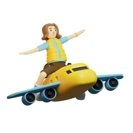 Backpacker travelling in plane  3D Illustration