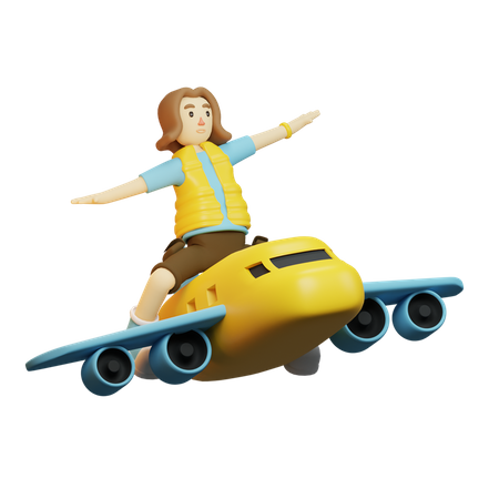Backpacker travelling in plane 3D Illustration