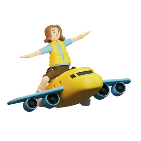 Backpacker travelling in plane 3D Illustration