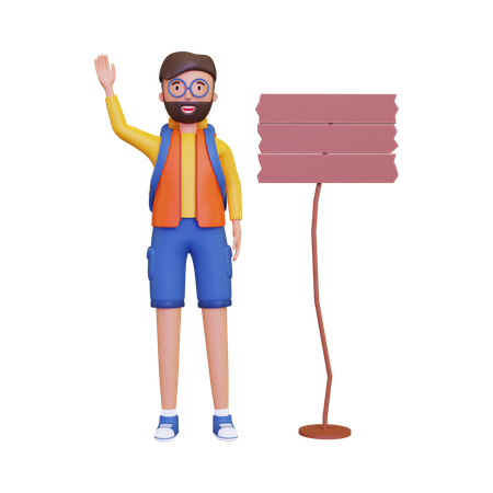 Backpacker was waving beside the signpost  3D Illustration