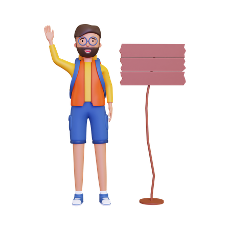 Backpacker was waving beside the signpost 3D Illustration