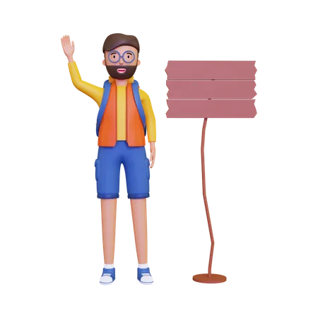 3 D Male Backpacker Was Waving Beside The Signpost 3D Illustration