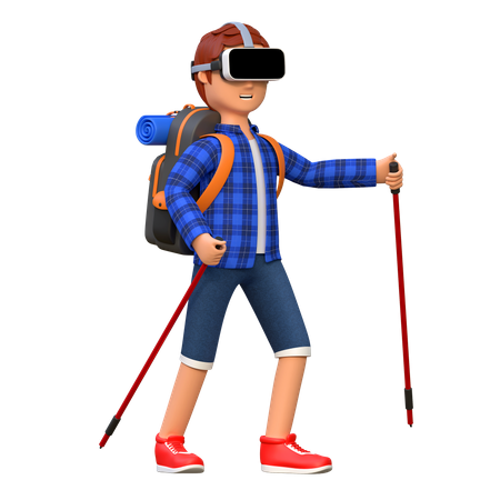 Backpacker wearing virtual reality headset  3D Illustration