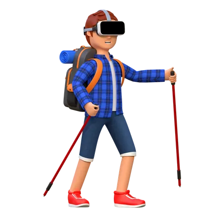 Backpacker Wearing Virtual Reality Headset While Hiking 3 D Cartoon Character Illustration 3D Illustration