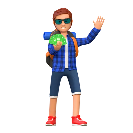 Backpacker Holding Money While Waving Hand 3 D Cartoon Character Illustration 3D Illustration